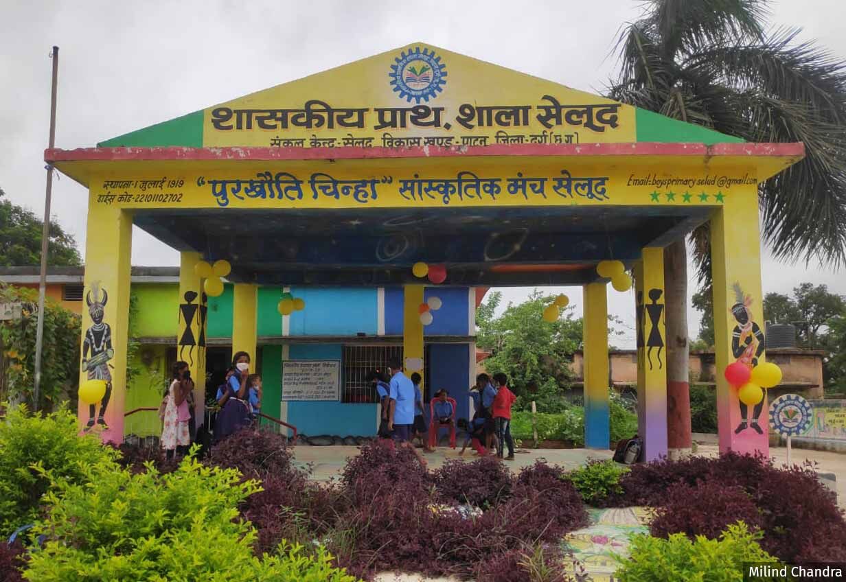 Schools have now opened in Chhatisgarh, with Covid-19 protocols. Pictured, the first day at the government primary school in Selud. Photo credit: Milind Chandra